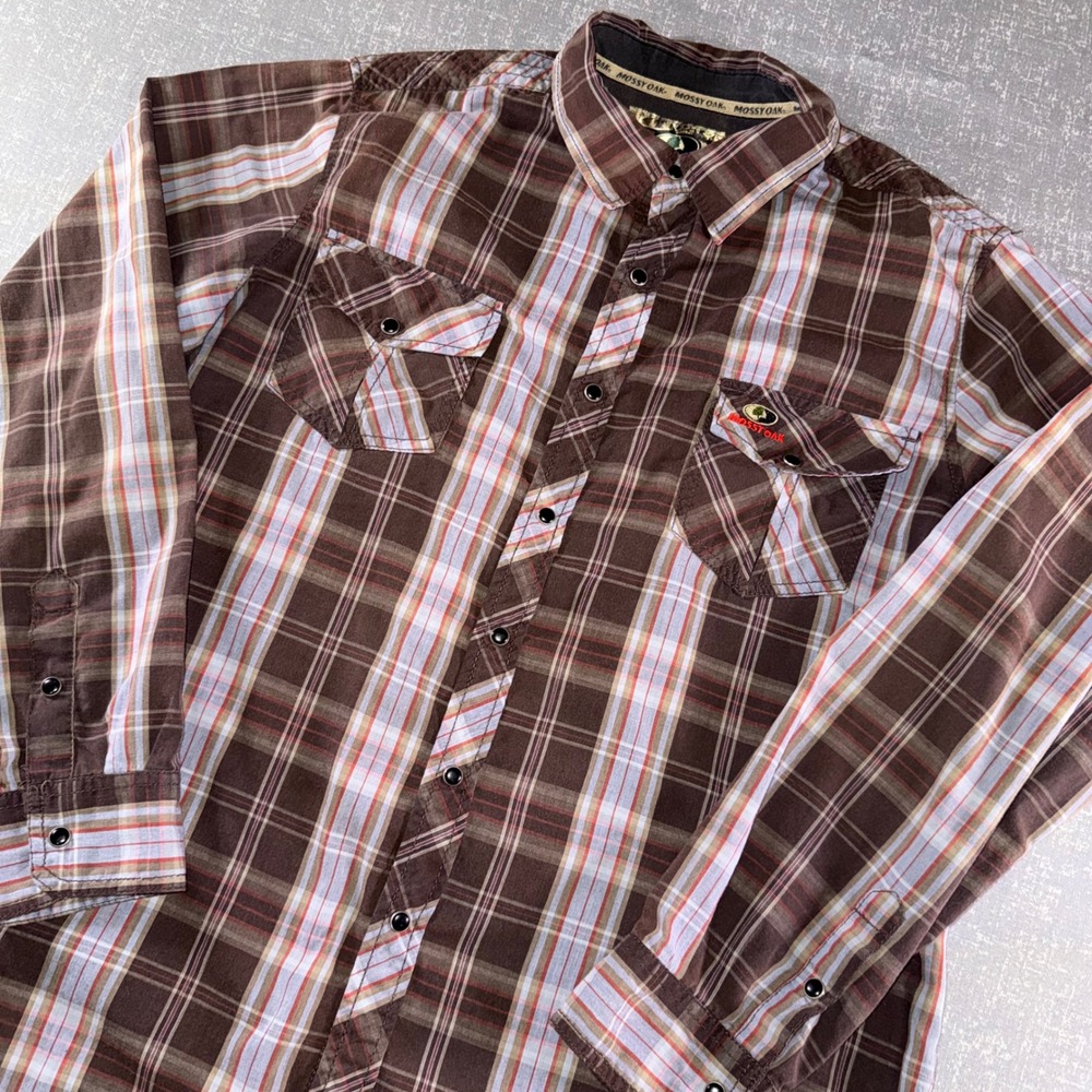 Mossy Oak Mens XL Plaid Button Down Shirt Brown Orange Long Sleeve Outdoor Logo
